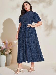 Mulvari Plus Polka Dot Print Ruffle Trim Dress - Navy Blue - View 6