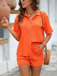 SHEIN LUNE Solid Button Front Shirt & Shorts - Burnt Orange - View 1