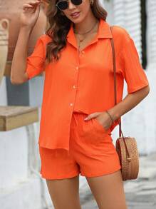 SHEIN LUNE Solid Button Front Shirt & Shorts - Burnt Orange - View 6