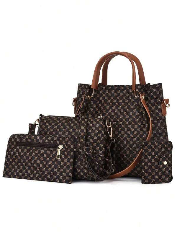 4pcs Geometric Pattern Classic Hand Bag Set, Women's Shoulder Bag