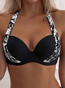 SHEIN Swim Áo Tops Bikini Nữ Buộc lại Thực vật Gợi cảm - Đen và trắng - Xem 1