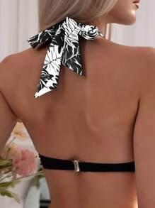 SHEIN Swim Áo Tops Bikini Nữ Buộc lại Thực vật Gợi cảm - Đen và trắng - Xem 2