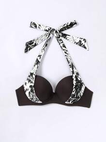 SHEIN Swim Áo Tops Bikini Nữ Buộc lại Thực vật Gợi cảm - Đen và trắng - Xem 3