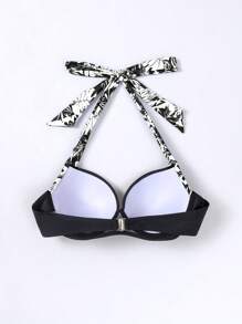 SHEIN Swim Áo Tops Bikini Nữ Buộc lại Thực vật Gợi cảm - Đen và trắng - Xem 4