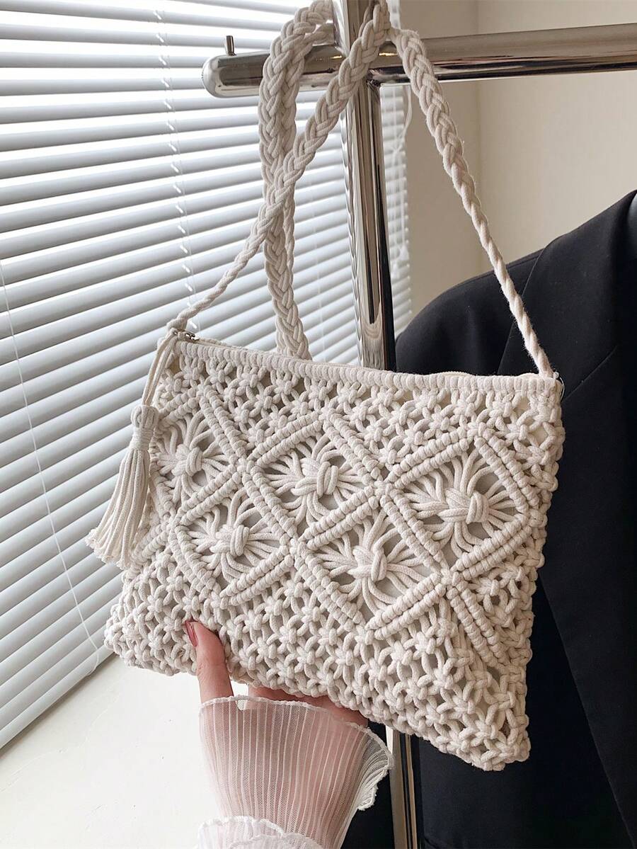 Bolso de ganchillo con abertura con diseño de fleco cremallera vacación - Beis - Ver 1