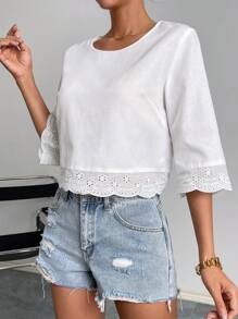 SHEIN Privé Solid Eyelet Embroidery Scallop Trim Blouse - White - View 1