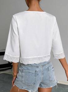 SHEIN Privé Solid Eyelet Embroidery Scallop Trim Blouse - White - View 2