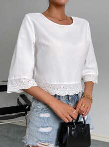 SHEIN Privé Solid Eyelet Embroidery Scallop Trim Blouse - White - View 3