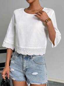SHEIN Privé Solid Eyelet Embroidery Scallop Trim Blouse - White - View 4