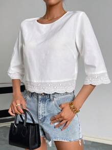 SHEIN Privé Solid Eyelet Embroidery Scallop Trim Blouse - White - View 5