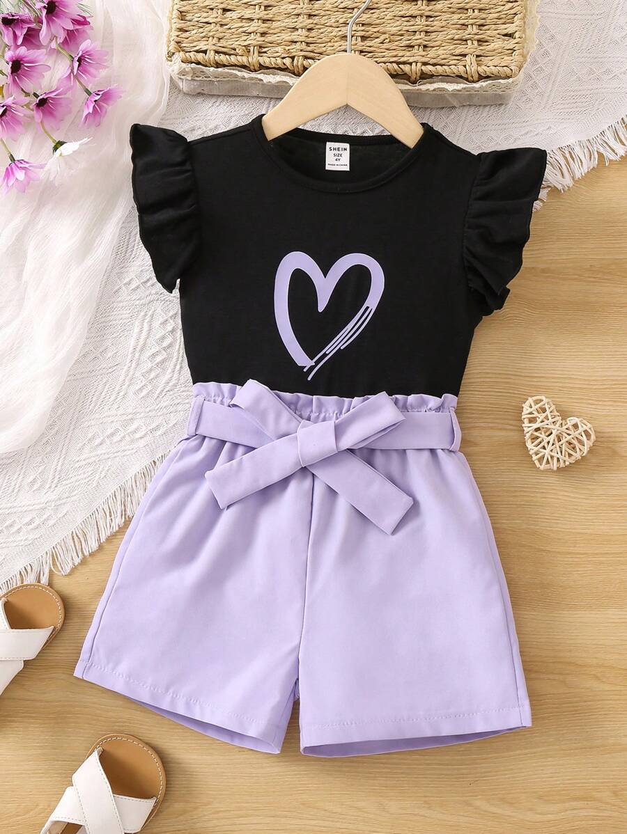 SHEIN 小女童愛心圖案荷葉邊T恤和紙袋腰附腰帶短褲 - 彩色 - 查看 1