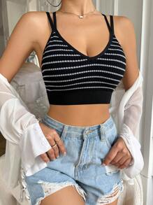 條紋印花文胸 - 黑色 - 查看 3