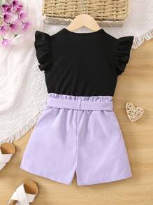 SHEIN 小女童愛心圖案荷葉邊T恤和紙袋腰附腰帶短褲 - 彩色 - 查看 2