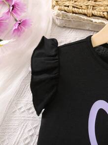 SHEIN 小女童愛心圖案荷葉邊T恤和紙袋腰附腰帶短褲 - 彩色 - 查看 3