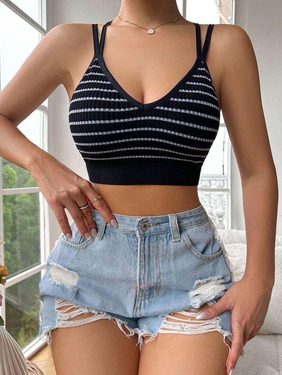 條紋印花文胸 - 黑色 - 查看 1