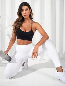 Yoga Basic Áo lót thể thao Nữ Lộ Lưng Hội Chữ thập Gân đan màu trơn - màu đen - Xem 3