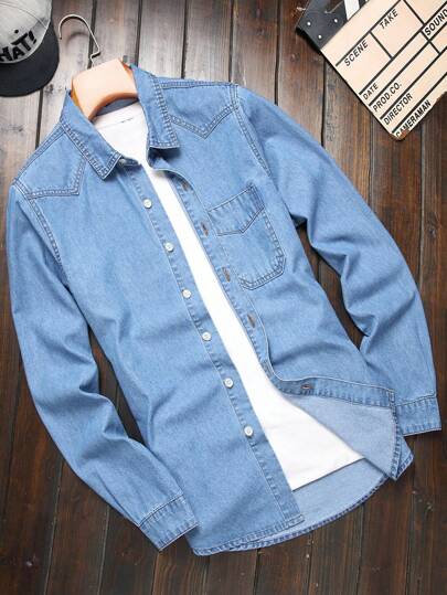 Manfinity Homme Men Cotton Flap Pocket Denim Shirt Without Tee