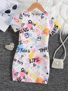 SHEIN Vestido de manga corta con cuello redondo, sencillo y cómodo, estilo callejero, con alfabeto de dibujos animados para chica joven, para verano - Multicolor - Ver 2