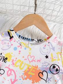 SHEIN Vestido de manga corta con cuello redondo, sencillo y cómodo, estilo callejero, con alfabeto de dibujos animados para chica joven, para verano - Multicolor - Ver 3