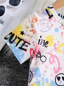 SHEIN Vestido de manga corta con cuello redondo, sencillo y cómodo, estilo callejero, con alfabeto de dibujos animados para chica joven, para verano - Multicolor - Ver 4