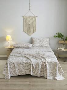4pcs/set Leaf Pattern Sheet Set(1 Fitted Sheet & 1 Flat Sheet & 2 Pillowcase) , Modern Fabric Bedding Set For Summer - Multicolor - View 3