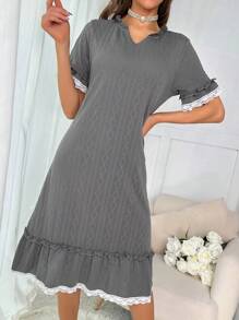 Contrast Lace Ruffle Hem Night Dress - Dark Grey - View 1
