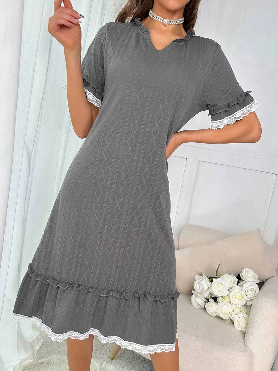 Contrast Lace Ruffle Hem Night Dress - Dark Grey - View 1