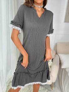 Contrast Lace Ruffle Hem Night Dress - Dark Grey - View 3