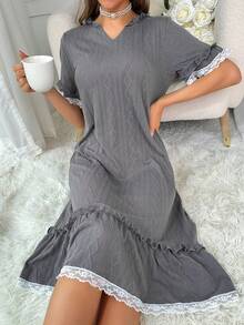 Contrast Lace Ruffle Hem Night Dress - Dark Grey - View 4