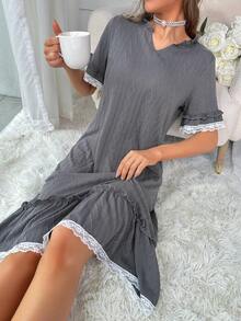 Contrast Lace Ruffle Hem Night Dress - Dark Grey - View 5