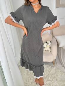 Contrast Lace Ruffle Hem Night Dress - Dark Grey - View 6
