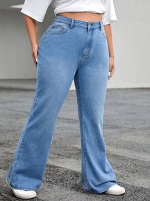 SHEIN EZwear Plus High Waist Flare Leg Jeans - Light Wash - View 4