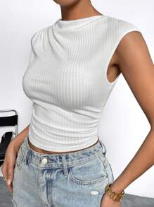 SHEIN Essnce Solid Ruched Ribbed Knit Tank Top - Beige - View 4