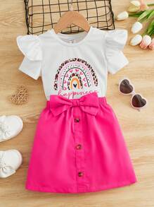 SHEIN Bộ thời trang bé gái Xù Nơ trước Nút phía trước Hoạt hình Lá thư Dễ thương - Nhiều màu - Xem 1