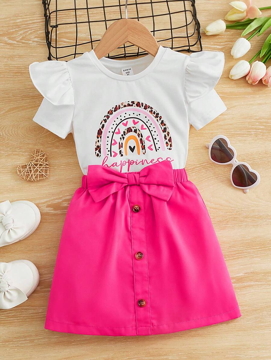 SHEIN Bộ thời trang bé gái Xù Nơ trước Nút phía trước Hoạt hình Lá thư Dễ thương - Nhiều màu - Xem 1