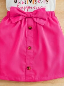 SHEIN Bộ thời trang bé gái Xù Nơ trước Nút phía trước Hoạt hình Lá thư Dễ thương - Nhiều màu - Xem 4