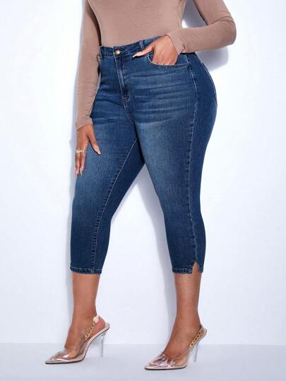 SHEIN SXY 大碼高腰下擺開叉緊身牛仔褲