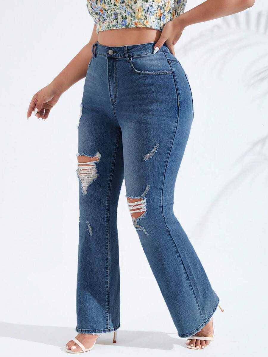 SHEIN Essnce Quần Denim kích thước lớn Nút Túi Bị tách Dây kéo màu trơn - Rửa tối - Xem 1