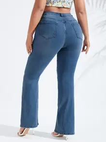 SHEIN Essnce Quần Denim kích thước lớn Nút Túi Bị tách Dây kéo màu trơn - Rửa tối - Xem 2