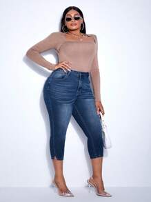 SHEIN SXY 大碼高腰下擺開叉緊身牛仔褲 - 深色水洗藍 - 查看 4