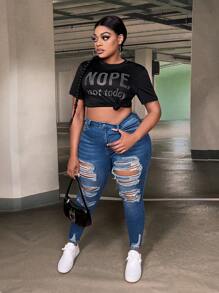 SHEIN SXY Plus Slant Pocket Ripped Skinny Jeans - Dark Wash - View 7