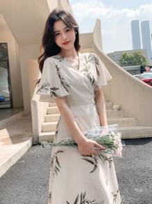 DAZY 印花蝴蝶袖側打結圍裹式連衣裙 - 米色 - 查看 7