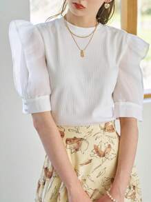 DAZY Solid Puff Sleeve Ribbed Knit Tee - White - View 3