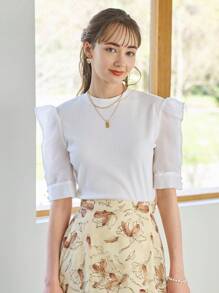 DAZY Solid Puff Sleeve Ribbed Knit Tee - White - View 5