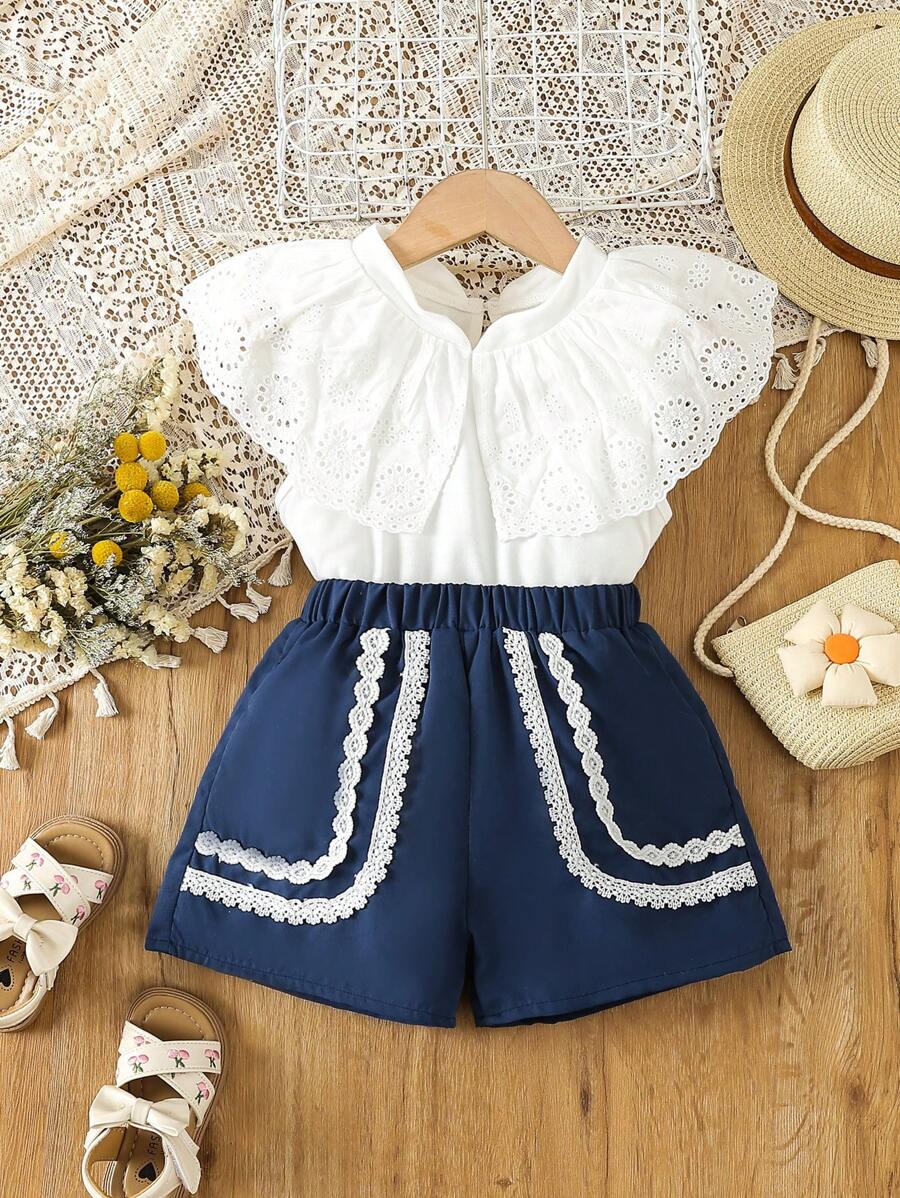 SHEIN 小女童網眼刺繡貝殼邊上衣和短褲 - 藍白色 - 查看 1