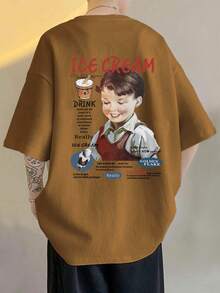 Manfinity EMRG Hombres Camiseta de hombros caídos con estampado de slogan y figura - Marrón - Ver 3