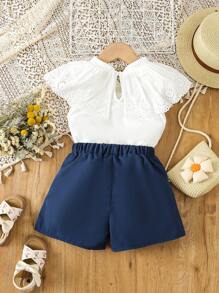 SHEIN 小女童網眼刺繡貝殼邊上衣和短褲 - 藍白色 - 查看 2
