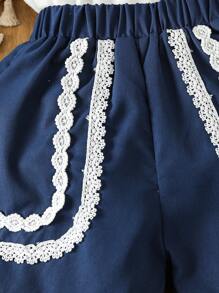 SHEIN 小女童網眼刺繡貝殼邊上衣和短褲 - 藍白色 - 查看 3