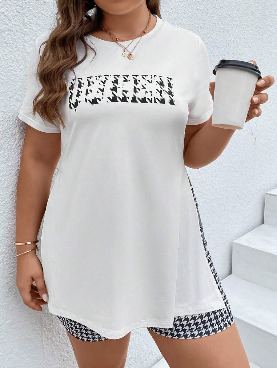 SHEIN LUNE Plus Letter Graphic Split Hem Tee & Houndstooth Print Shorts - White - View 1