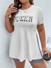 SHEIN LUNE Plus Letter Graphic Split Hem Tee & Houndstooth Print Shorts - White - View 6